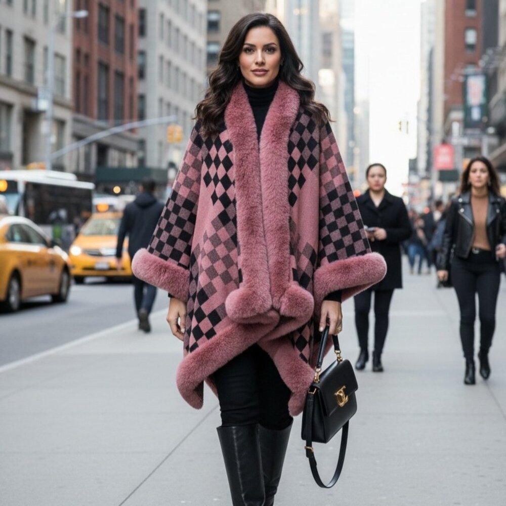 Oversized Plush Faux Fur Heavy Checker Pullover Cape Sweater Jacket Poncho Cape